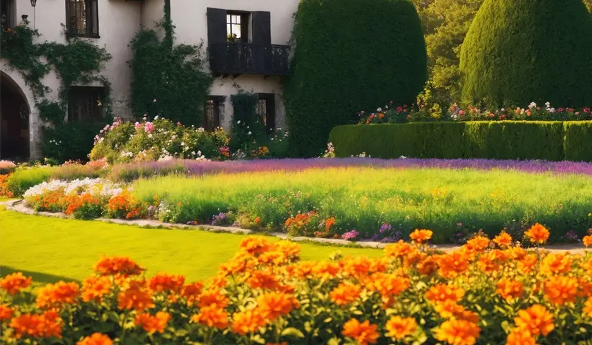 Flower garden, flowerbed close-up near old house, beautiful landscape nature in summer.