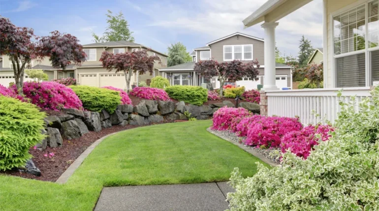 Beautiful front yard garden. Residential landscaping pictures.