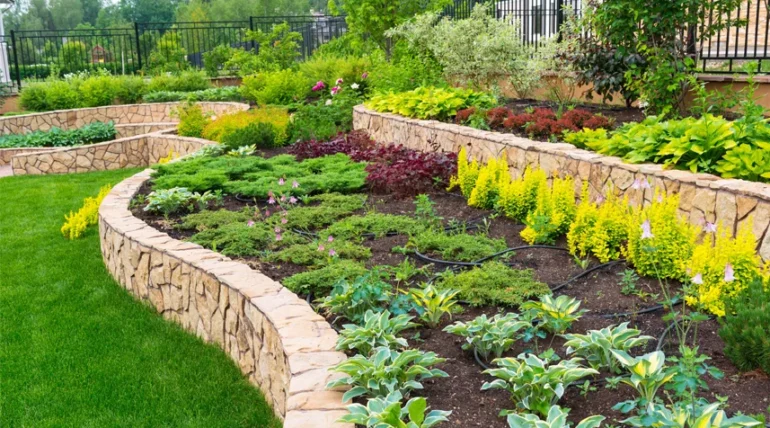 Natural stone landscaping services in home garden.