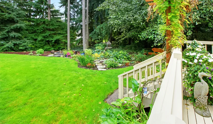 wooden walkout deck with stairs overlooking backyard by landscape companies