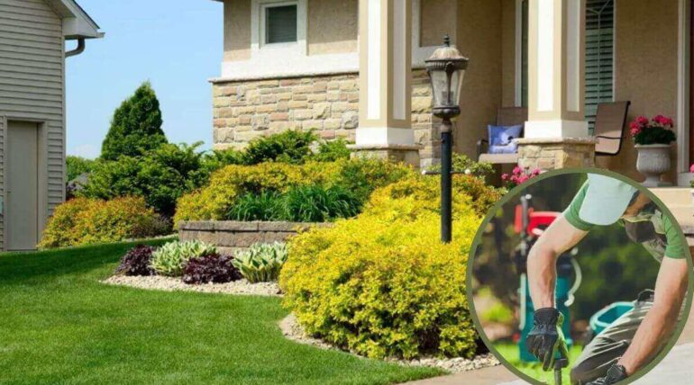 Residential landscaping showcasing a well-maintained front yard with green lawns, neatly trimmed bushes, and an inset image of a gardener at work.