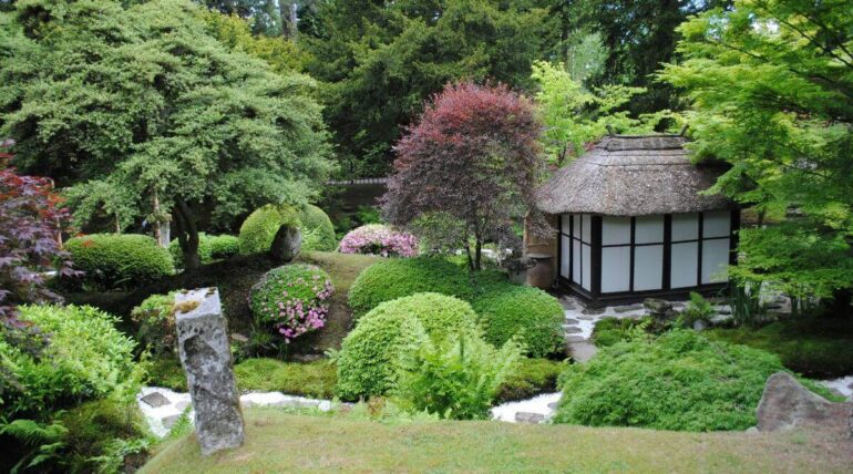 Serene garden with traditional Japanese design, featuring greenery and stone paths as part of landscaping pictures and styles of landscape design.