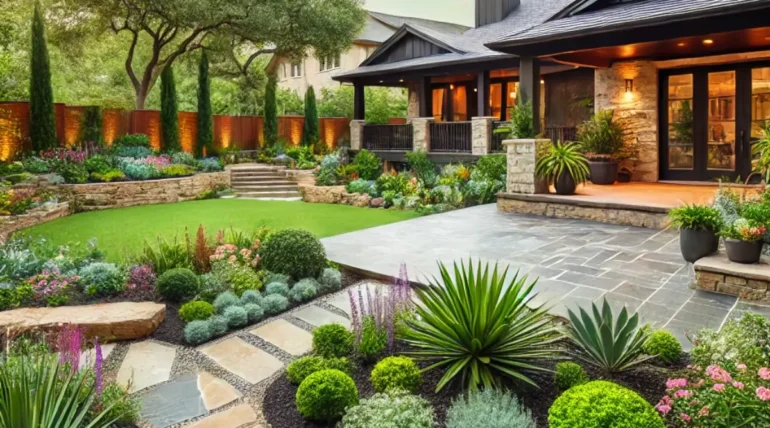 A stunning custom landscape design featuring a stone pathway, lush greenery, and flower beds with landscape lighting in a residential backyard in Austin, TX.