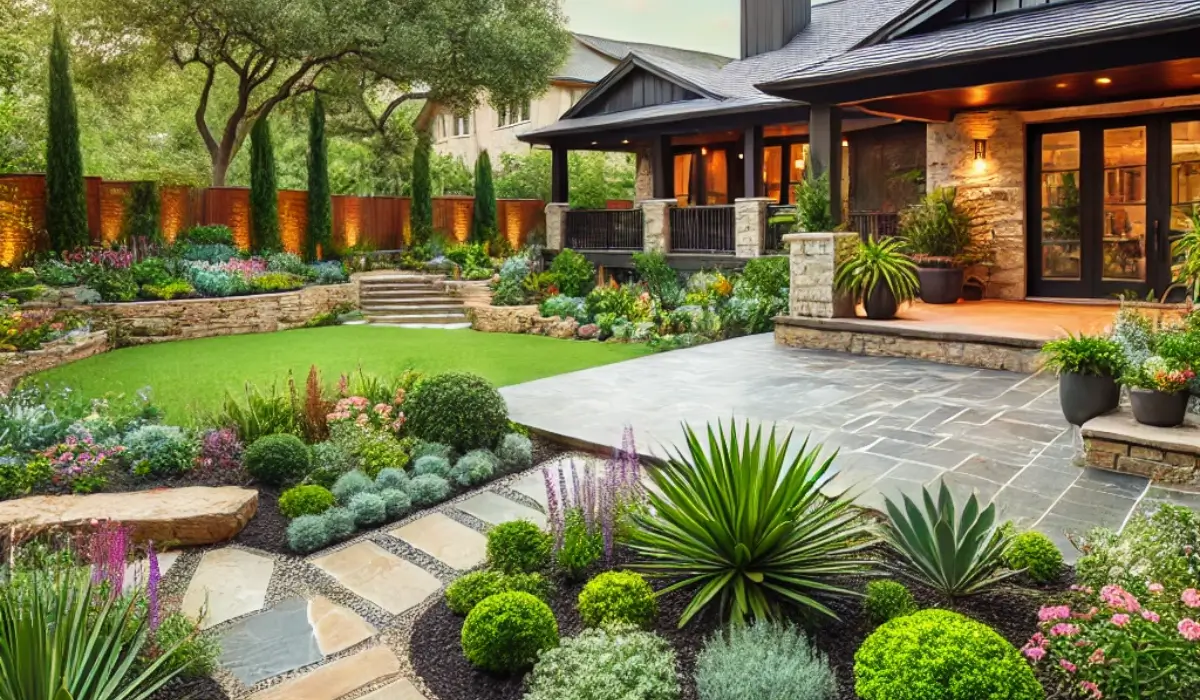 A stunning custom landscape design featuring a stone pathway, lush greenery, and flower beds with landscape lighting in a residential backyard in Austin, TX.