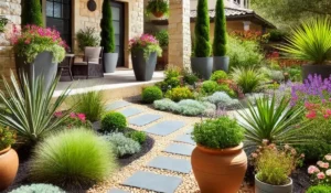 A beautifully designed front yard featuring native plants, colorful flower beds, and a modern stone walkway. This landscape showcases landscaping ideas around house to enhance curb appeal.