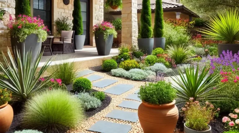 A beautifully designed front yard featuring native plants, colorful flower beds, and a modern stone walkway. This landscape showcases landscaping ideas around house to enhance curb appeal.