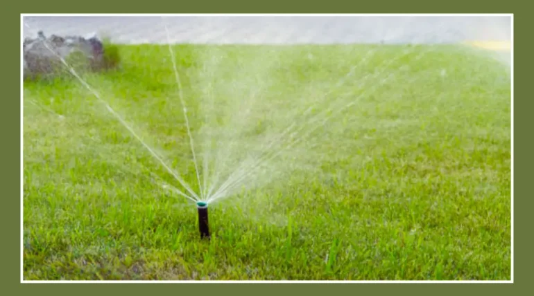 A sprinkler system watering a green, healthy lawn in Austin, showcasing sustainable methods to maintain a lush lawn during drought conditions.