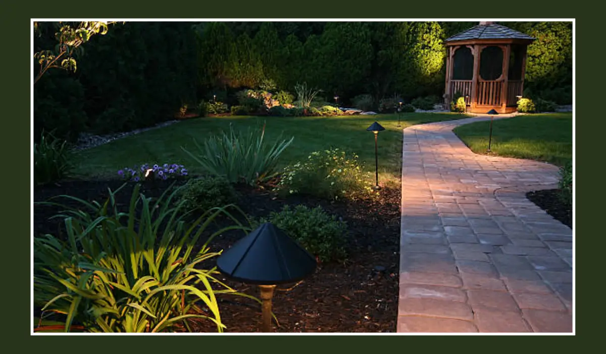 Custom landscape design in Austin TX featuring a stone walkway, lush greenery, and landscape lighting, highlighting sustainable and aesthetic yard features.