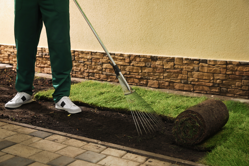 Worker levels soil with rake before laying grass sod, addressing drainage and compaction caused by clay soils.