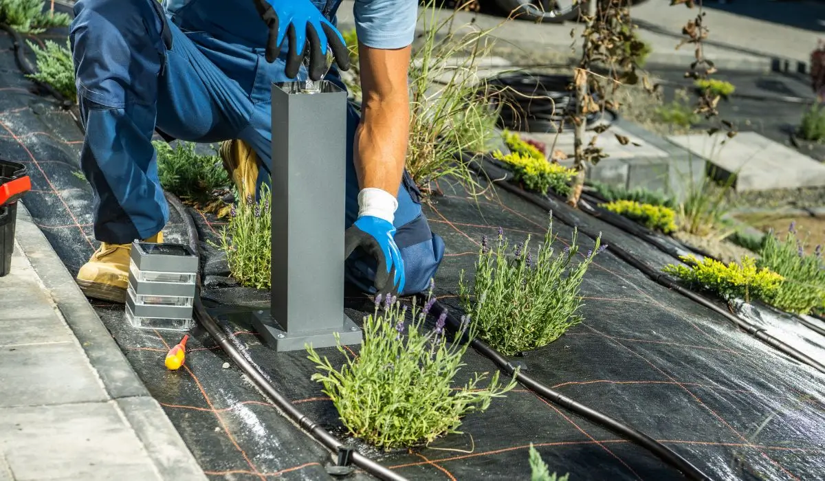 A technician wearing gloves is installing a sleek black outdoor light fixture on a landscaped garden path, surrounded by lavender plants and protective weed barrier fabric.