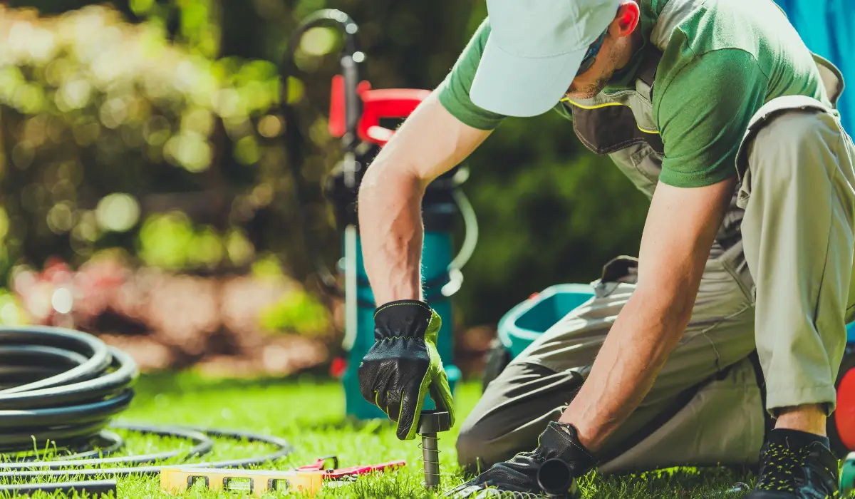 Technician installing sprinkler system on prepared lawn surface, showing steps to level your lawn correctly.