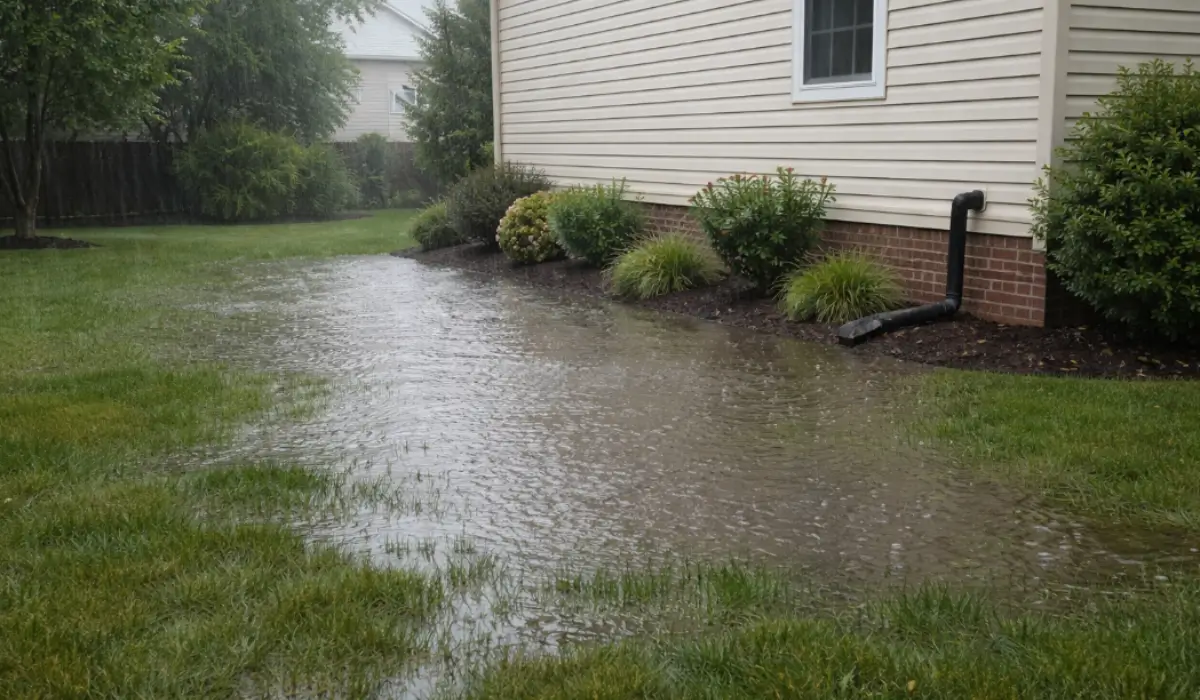 Standing water flooding backyard lawn near home foundation showing severe drainage nightmares after heavy spring storm rainfall.