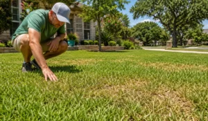 Homeowner inspecting summer lawn fertilization needs by checking heat-stressed grass before applying fertilizer during hot weather.