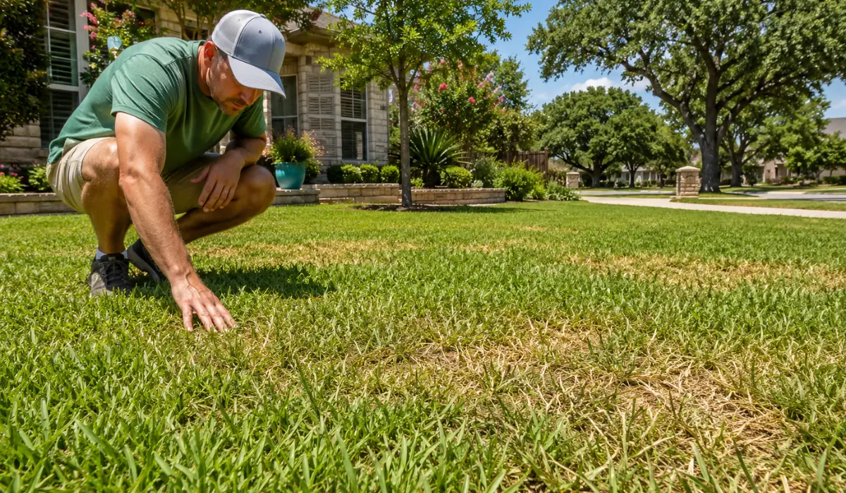 Homeowner inspecting summer lawn fertilization needs by checking heat-stressed grass before applying fertilizer during hot weather.