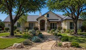 Fire-safe landscaping with spaced plants, stone walkway, and healthy trees surrounding an Austin home