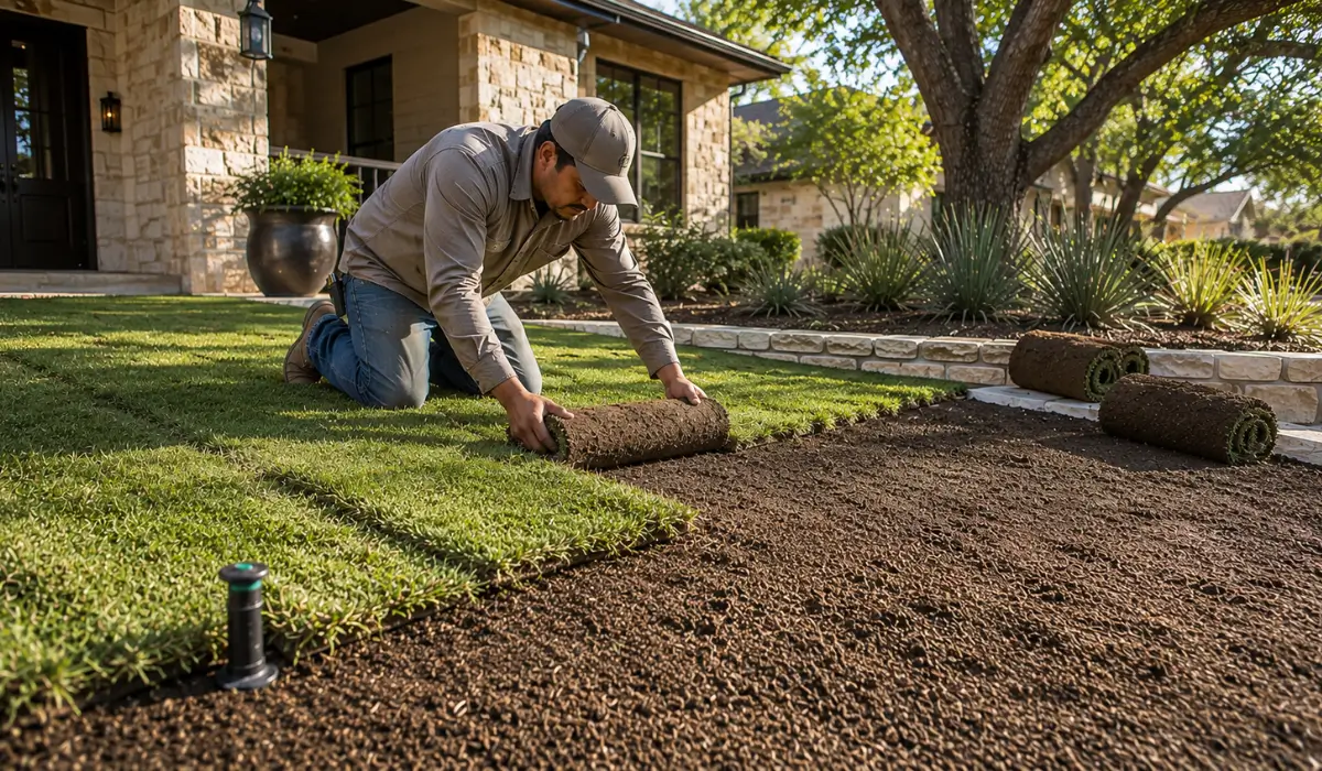 Installing New Sod at an Austin home as a landscaper rolls fresh turf onto prepared soil beside a sprinkler head.