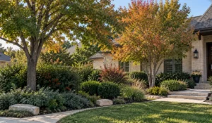 Austin landscape with trees and shrubs adding fall color, berries, greenery, and texture around a home.