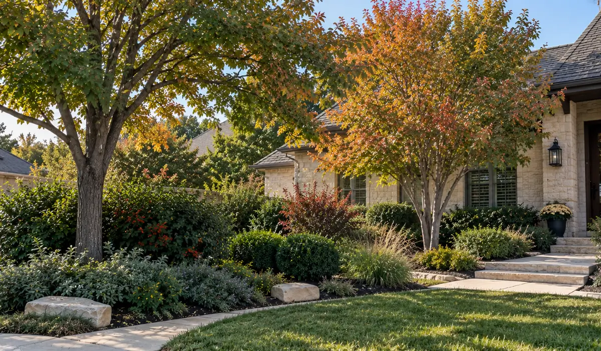 Austin landscape with trees and shrubs adding fall color, berries, greenery, and texture around a home.